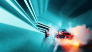 Un'auto sportiva in un tunnel futuristico